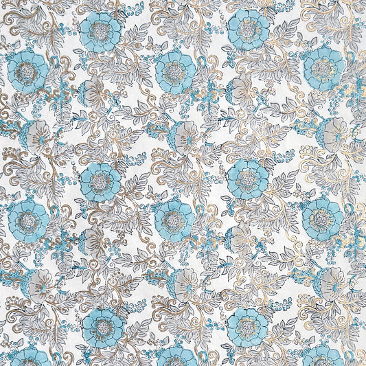 a sheet of hand block printed wrapping paper with a floral wild rose design in opal blue and gold