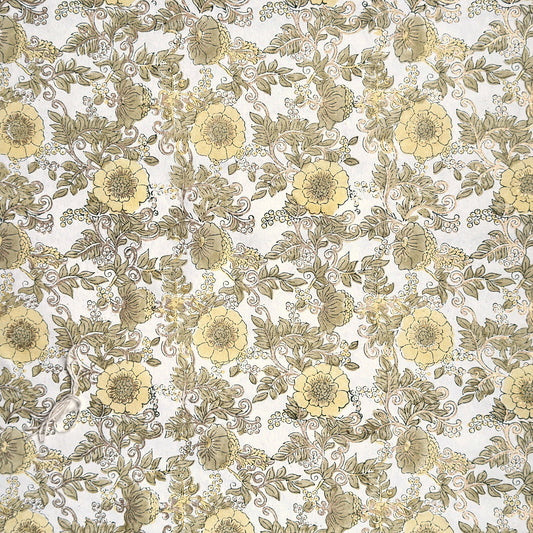 a sheet of hand block printed wrapping paper with a wild rose pattern in buttermilk yellow, moss green and gold