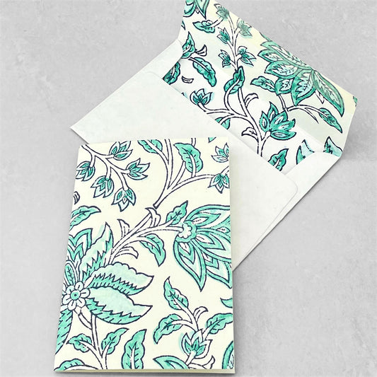 hand block printed greetings card with abstract botanical pattern in light aqua, by Paper Mirchi