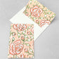 hand block printed greetings card with repeat floral pattern in coral and green, by Paper Mirchi