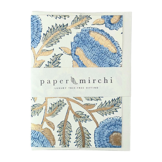Hand block printed greetings card with floral repeat pattern in blue, grey-green and gold, by Paper Mirchi