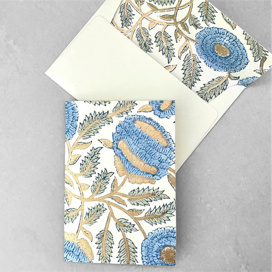 Hand block printed greetings card with floral repeat pattern in blue, grey-green and gold, by Paper Mirchi