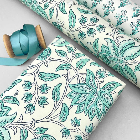 wrapping paper with repeat botanical floral pattern in light aqua by Paper Mirchi