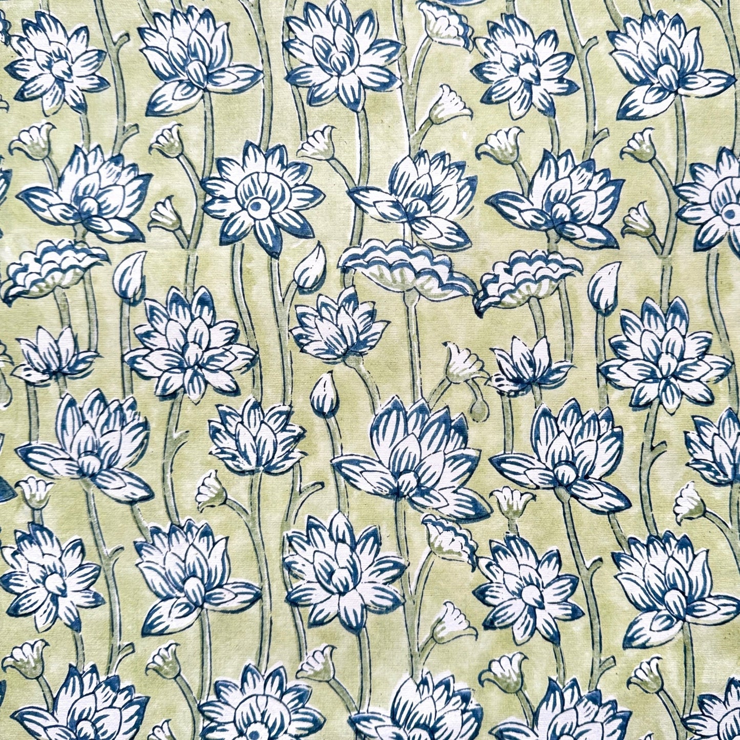 hand block printed wrapping paper with a repeat lotus flower design in indigo and light green. By Paper Mirchi