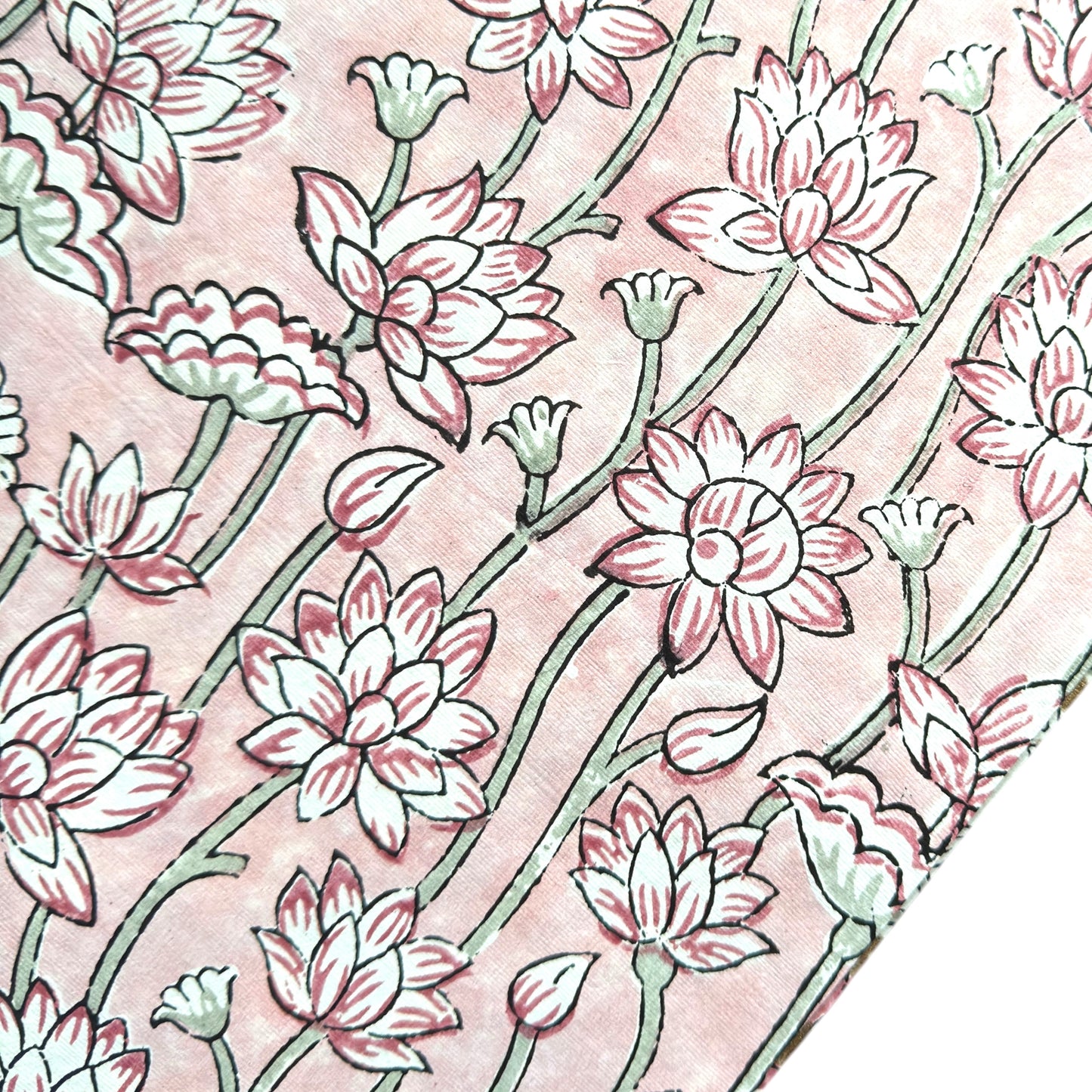 hand block printed wrapping paper by Paper Mirchi. Lotus flower repeat pattern in pale pink