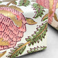 wrapping paper with repeat botanical pattern in pink, gold and green by Paper Mirchi