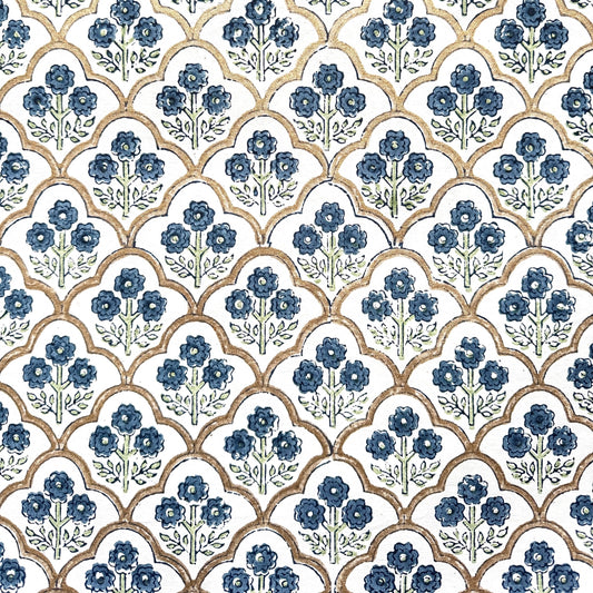 hand block printed wrapping paper with a small flower design in indigo and green surrounded by a gold trellis design. By Paper Mirchi