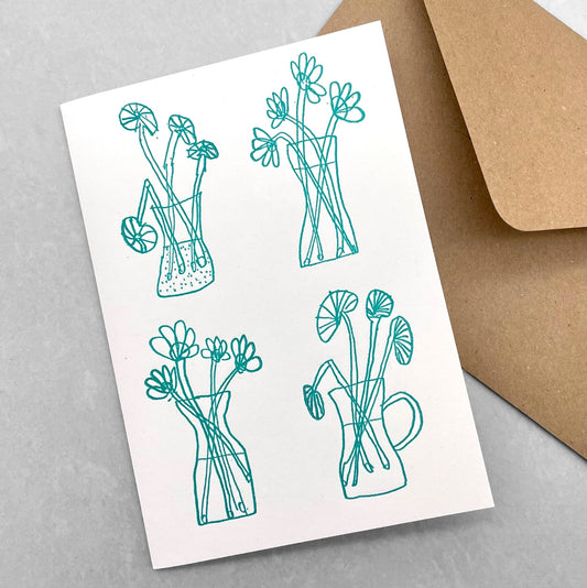letterpress greetings card of a drawing of four vases of flowers, teal ink on white by Passenger press