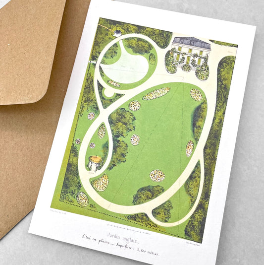 greetings card with plan view of english formal landscape garden and house by The Pattern Book