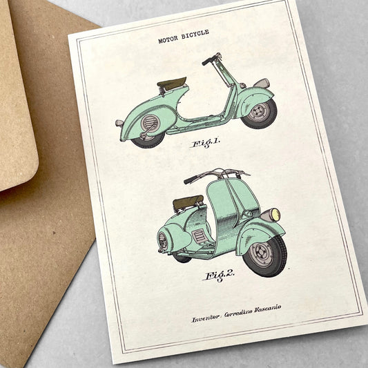 greetings card with drawing of a light green vespa motor bicycle by the Pattern Book