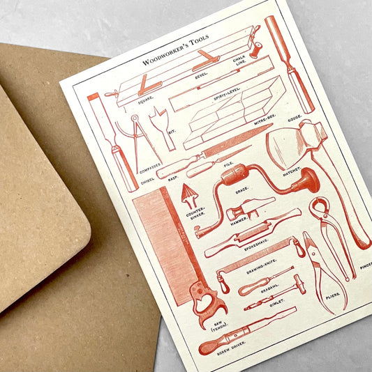 greetings card with drawing of different woodworker's tools by The Pattern Book
