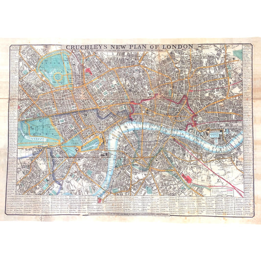 Wrapping paper with a vintage map of London (1848) by George Federick Cruchley. The map shows the proposed developments for London at this time and extends from Hyde Park in the west to the Docklands in the East,  Image shows the full sheet of gift/poster wrap.