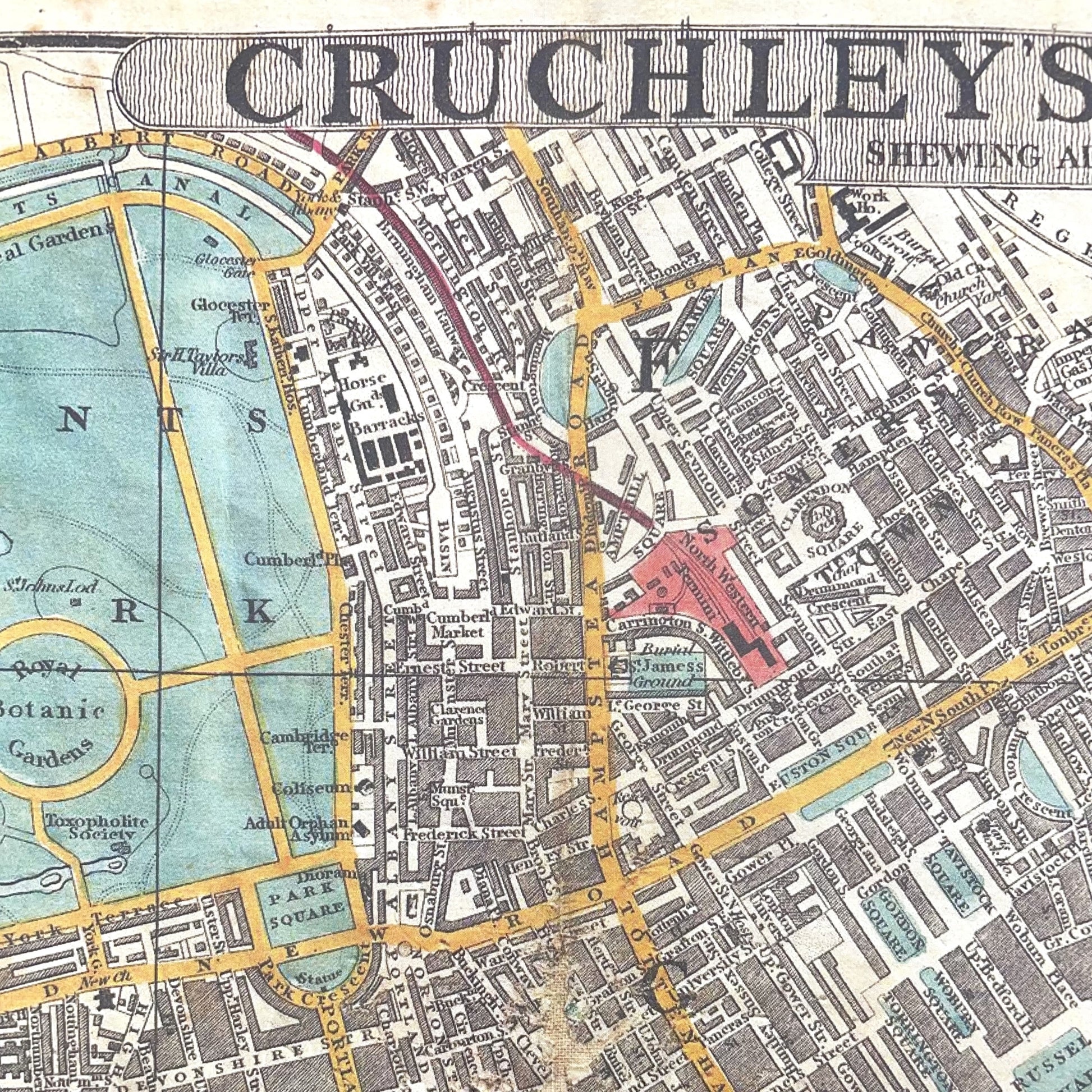 Wrapping paper with a vintage map of London (1848) by George Federick Cruchley. The map shows the proposed developments for London at this time and extends from Hyde Park in the west to the Docklands in the East, detail of the map