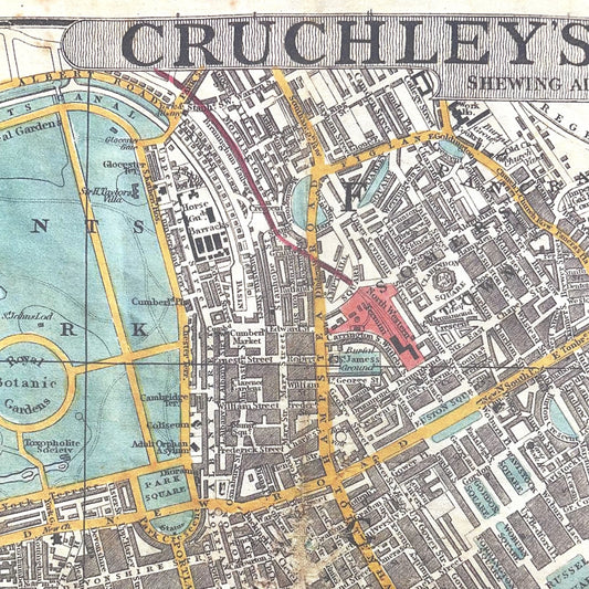 Wrapping paper with a vintage map of London (1848) by George Federick Cruchley. The map shows the proposed developments for London at this time and extends from Hyde Park in the west to the Docklands in the East, detail of the map