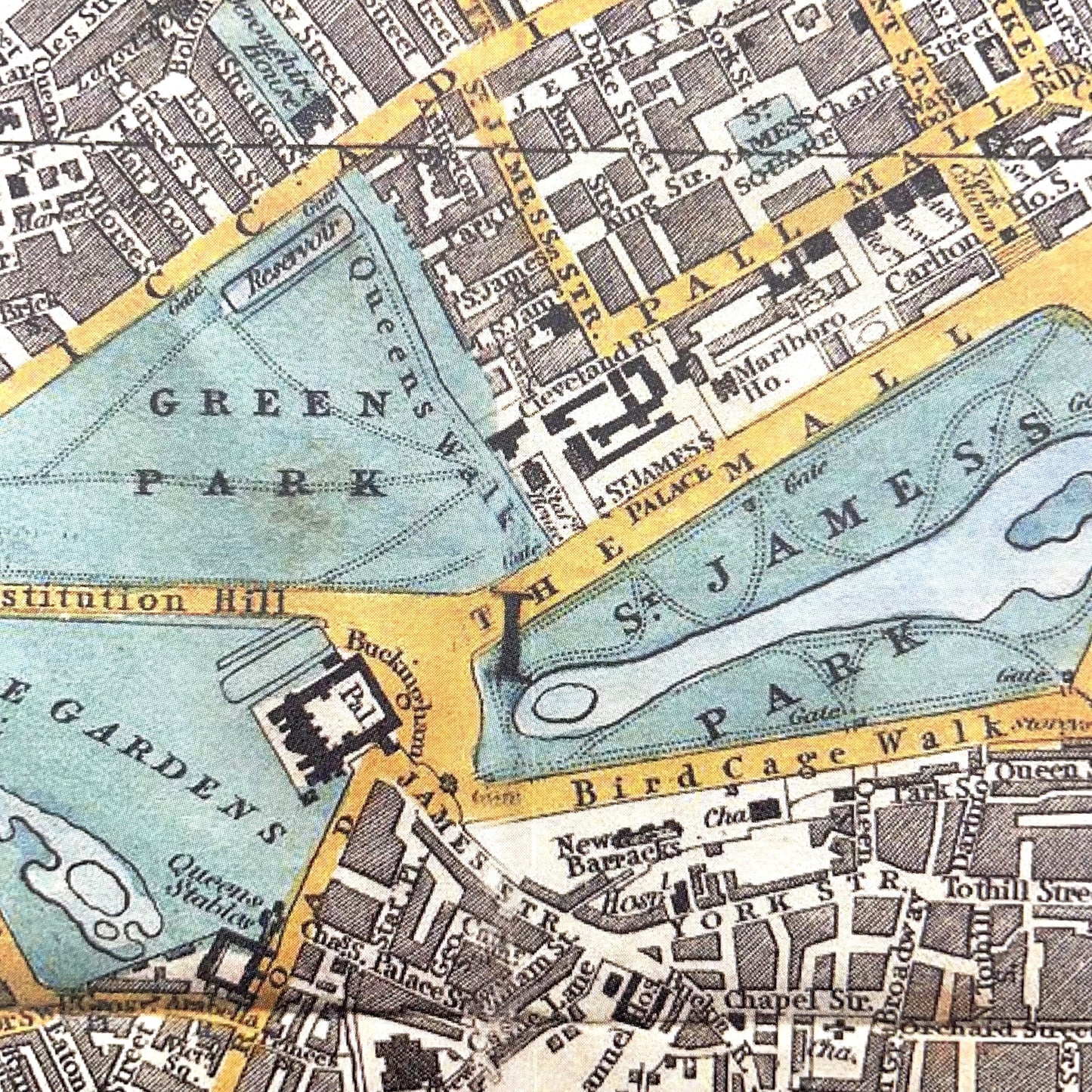 Wrapping paper with a vintage map of London (1848) by George Federick Cruchley. The map shows the proposed developments for London at this time and extends from Hyde Park in the west to the Docklands in the East, detail of Green Park