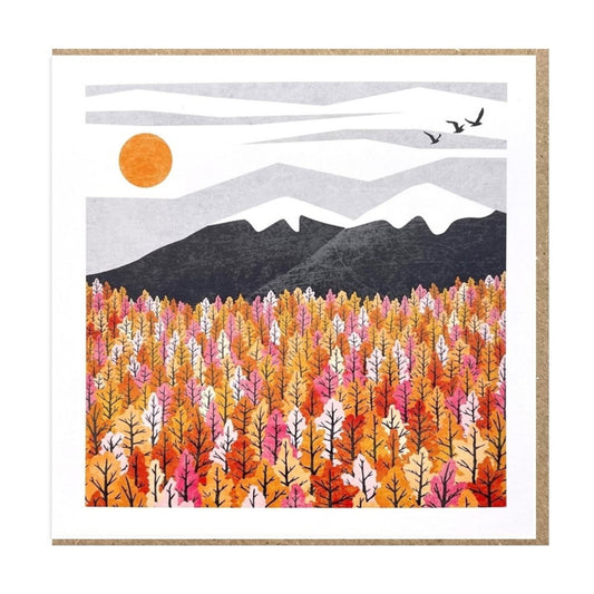 A greetings card by Ruth Thorp Studio of a landscape of trees and hills in autumnal colours
