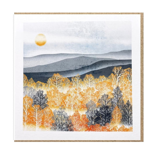 A greetings card by Ruth Thorp Studio of an autumnal landscape with trees in full autumn colour in the mist