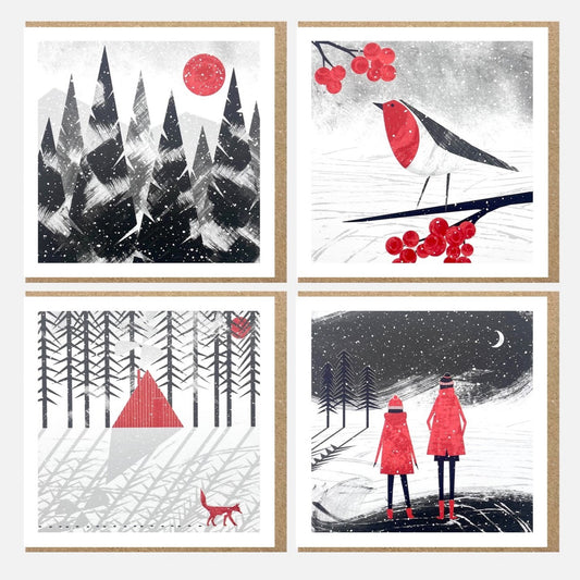 A pack of 4 cards with different designs inspired by snowfall, by Ruth Thorp Studio