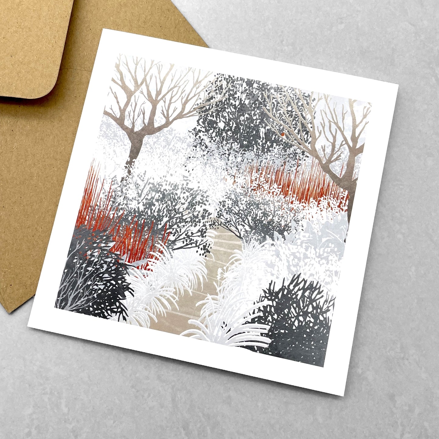 A greetings card of a winter garden, part of a 4 card pack by Ruth Thorp studio