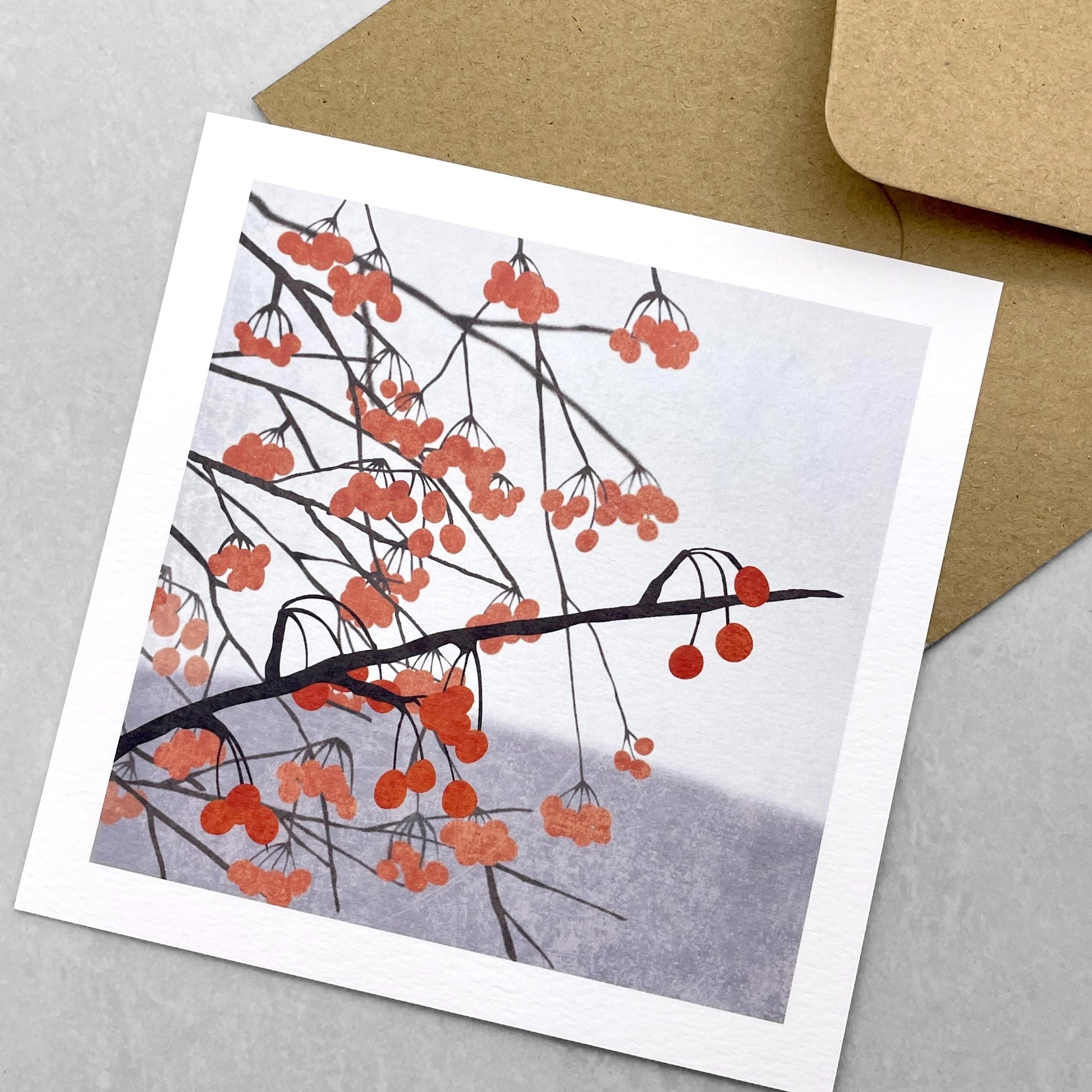 A greetings card of red winter berries, part of a 4 card pack by Ruth Thorp studio
