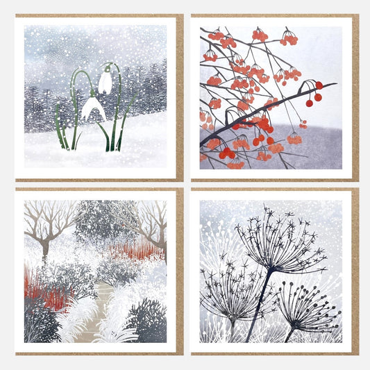 A pack of 4 greetings cards by Ruth Thorp Studio inspired by a winter garden.  Each design is different: snowdrops, berries, seed heads in the snow and a garden in the winter. 