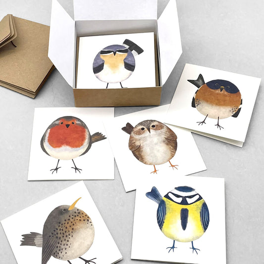 A pack of 12 small greetings card with illustrations of garden birds of the UK, by Ruth Thorp Studio