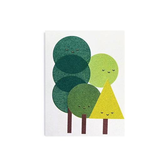 Mini greetings card with an image of a group of trees with smily faces. By Scout Editions.