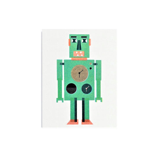 Mini greetings card with an image of a green robot.  By Scout Editions.