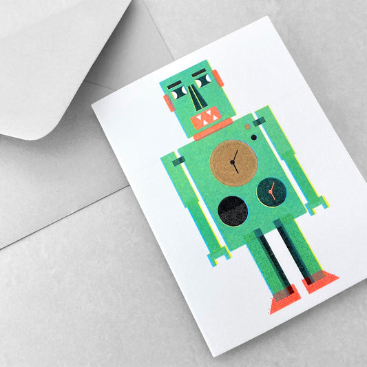 Mini greetings card with an image of a green robot. By Scout Editions.