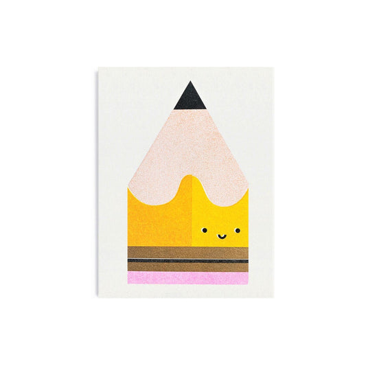 Mini greetings card with an image of a yellow pencil with a smily face. By Scout Editions.