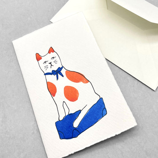 hand-painted greetings card of a orange and blue cat, by Scribble and Daub