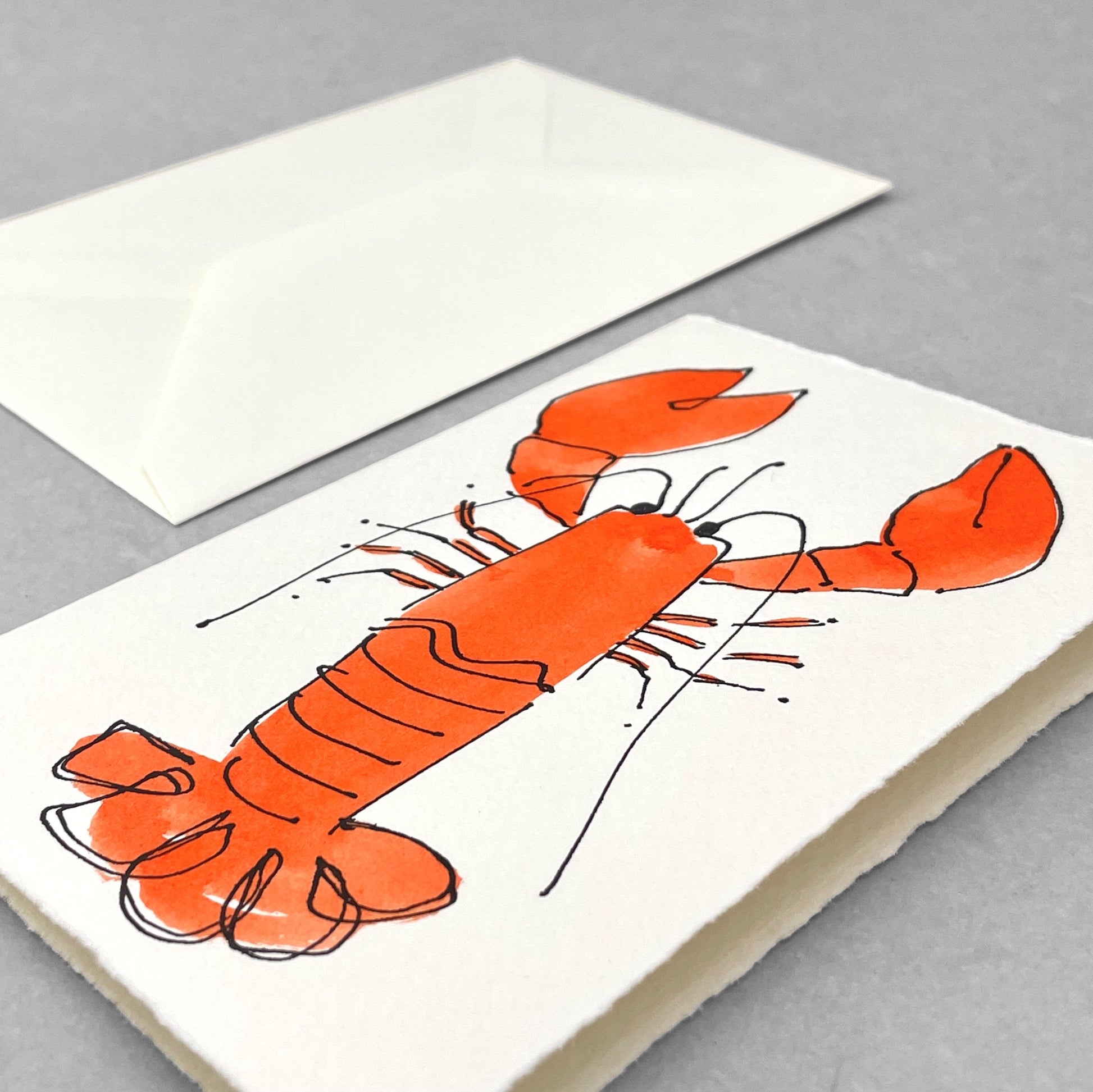 hand-painted greetings card of an orange lobster, by Scribble and Daub