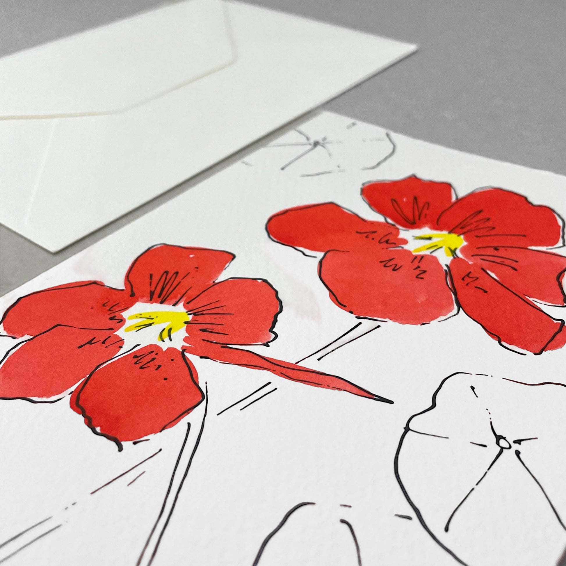 hand-painted greetings card of two red nasturtium flowers, by Scribble and Daub