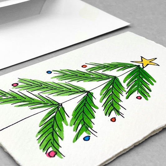 hand-painted greetings card of a christmas tree, by Scribble and Daub