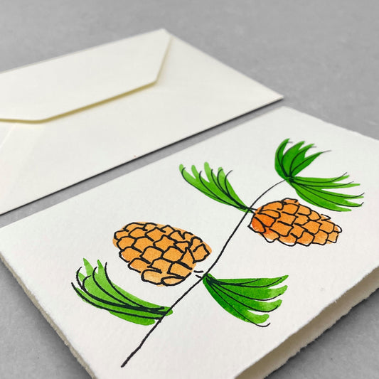 hand-painted greetings card of some pine cones, by Scribble and Daub