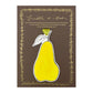 a pear shaped hanging ornament made of thick 1050gsm off-white card, letterpress printed in black and then hand painted in bright yellow ink. It has a chartreuse green satin ribbon to hang the ornament with. By Scribble & Daub. Presented on a gold-foiled brown board.