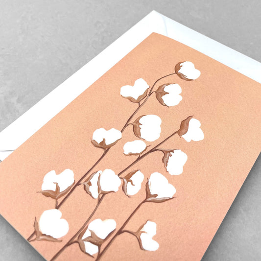 greetings card with botanical drawing of a white cotton plant with peach backdrop by Stengun Drawings