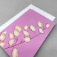 greetings card with botanical drawing of a stem of honesty seed heads with pink backdrop by Stengun Drawings