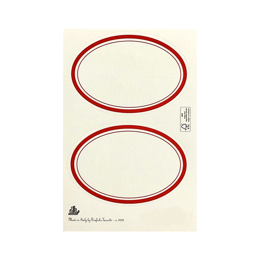 Adhesive labels made of ivory paper with a red oval border by Grafiche Tassotti