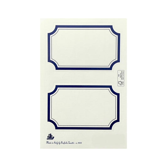 Adhesive labels made of ivory paper with a blue rectangular border by Grafiche Tassotti