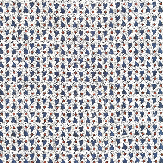 a sheet of italian wrapping paper with a blue little heart shaped leaves and red berries on white background.