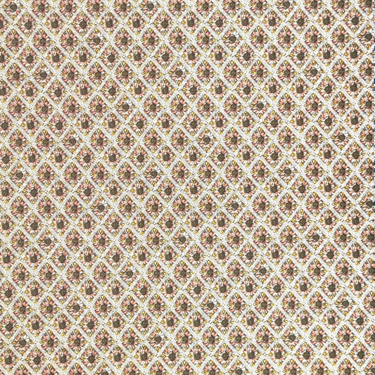 a sheet of italian wrapping paper with little flowers in a diamond grid in soft olive, pink and yellow