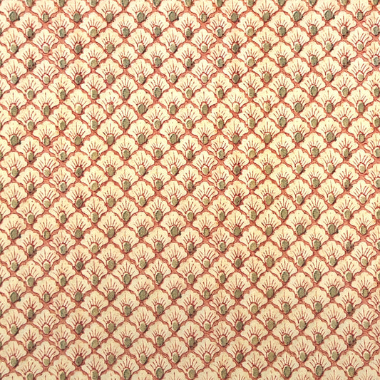 a sheet of italian wrapping paper with a shell repeat pattern in soft coral, cream and olive green