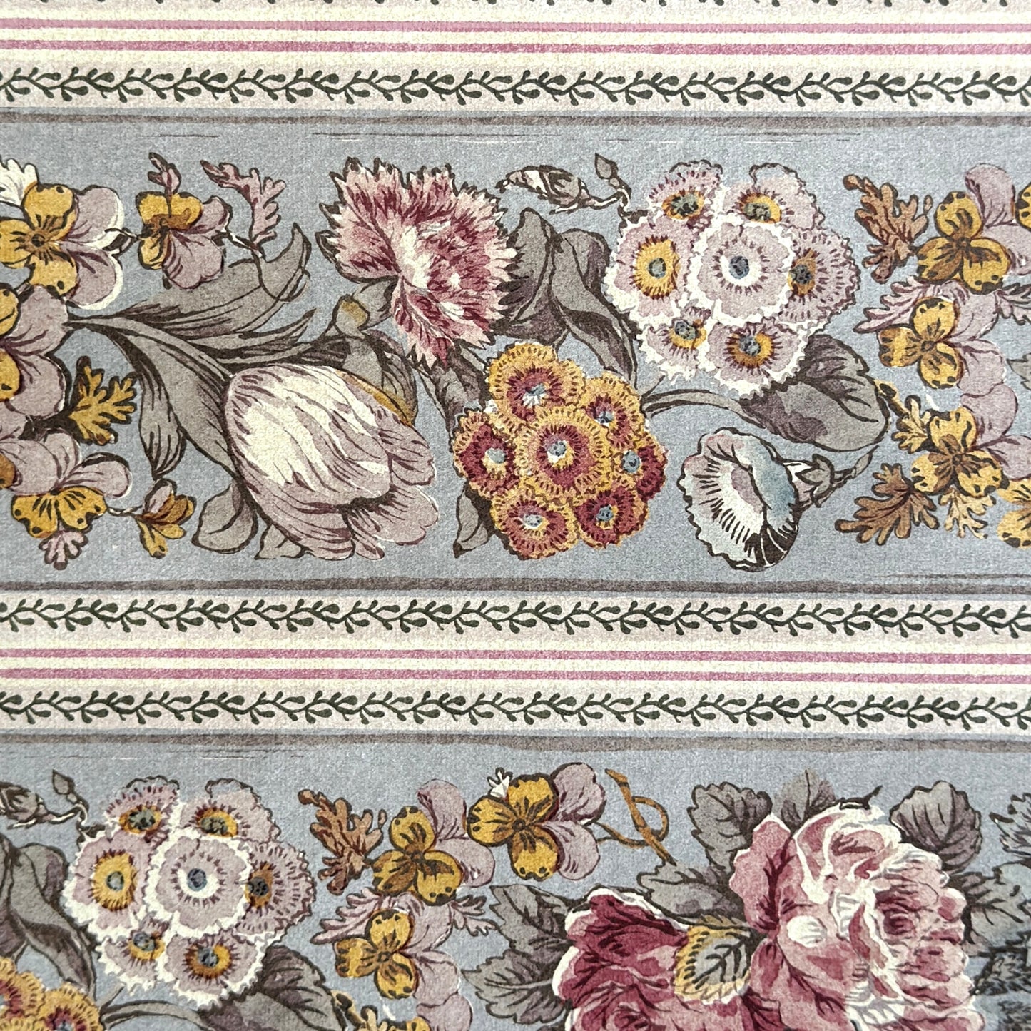 A close-up of a floral patterned wrapping paper with large flowers in pink, cream, yellow, and muted green on a pale blue-gray background, divided by narrow decorative borders.