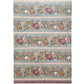 A floral patterned wrapping paper with large flowers in pink, cream, yellow, and muted green on a pale blue-gray background, divided by narrow decorative borders.