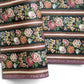 A sheet of wrapping paper, showing a detailed pattern of pink, white, and yellow flowers with green leaves on a black, bordered by horizontal stripes in pink, white, and brown.