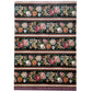 A sheet of wrapping paper, showing a detailed pattern of pink, white, and yellow flowers with green leaves on a black, bordered by horizontal stripes in pink, white, and brown.