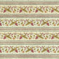 A close-up of patterned wrapping paper with horizontal stripes and a repeating floral vine motif in muted green, pink, and brown on an off-white background. 