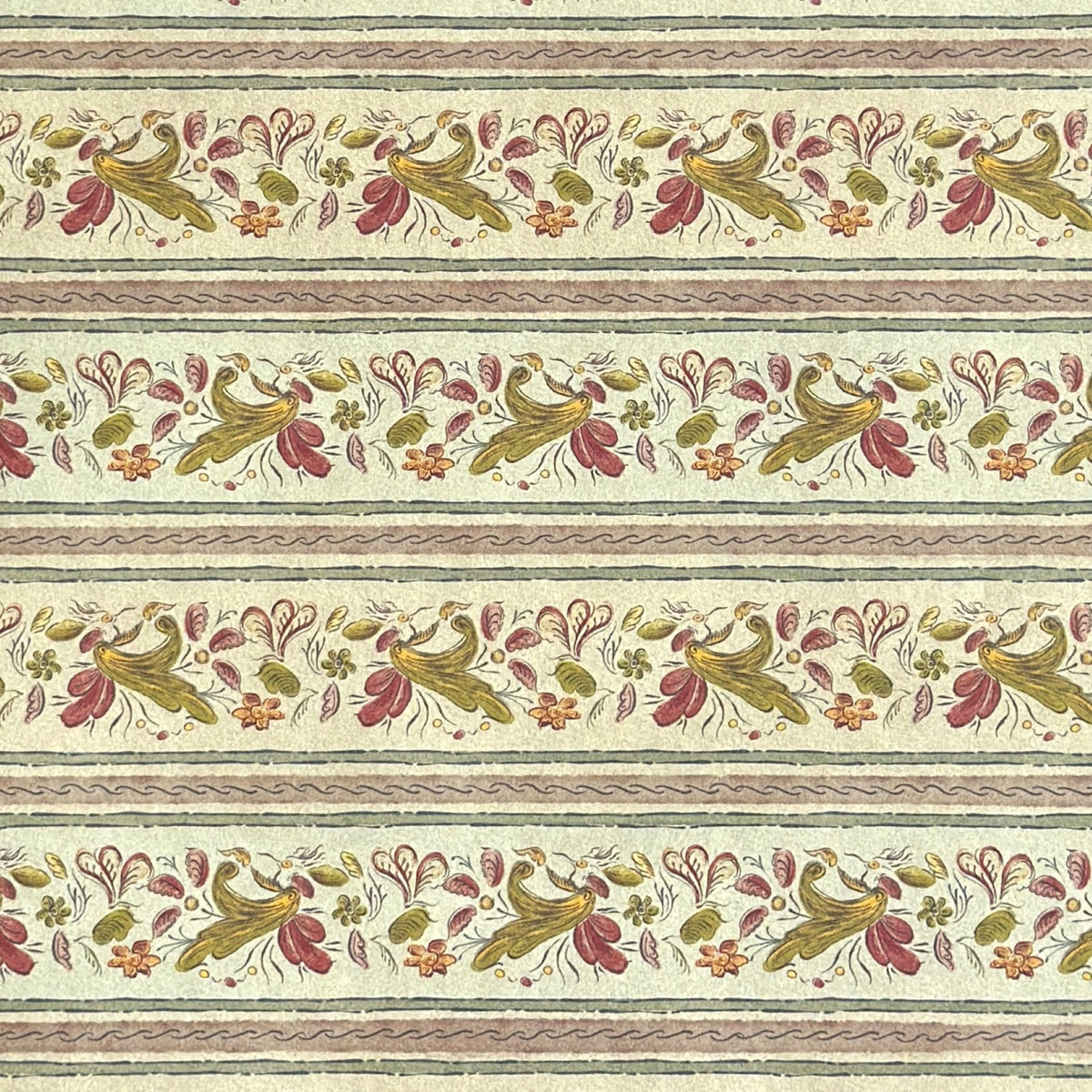 A close-up of patterned wrapping paper with horizontal stripes and a repeating floral vine motif in muted green, pink, and brown on an off-white background. 