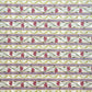 A close-up of a patterned wrapping paper featuring horizontal lavender and cream stripes with pink flowers, green stems, and olive-green wavy lines.